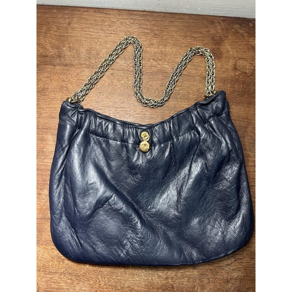 Vtg 50s 60s 70s Faux Leather Vegan Purse Blue Chain Handle Bar Clutch Art Deco